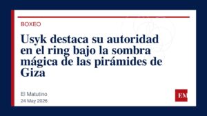 Imagen editorial de El Matutino para Usyk destaca su autoridad en el ring bajo la sombra mágica de las pirámides de Giza