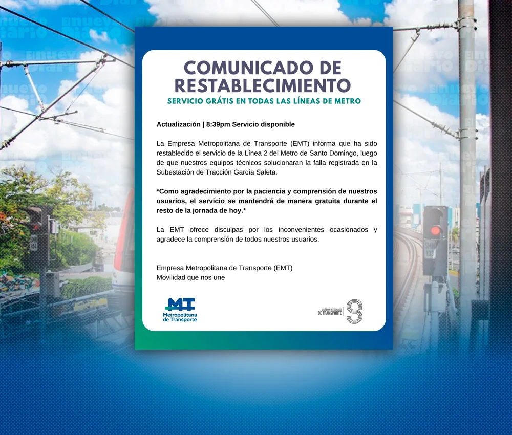 Línea 2 del Metro de Santo Domingo vuelve a operar y anuncia viajes gratis hasta el cierre
