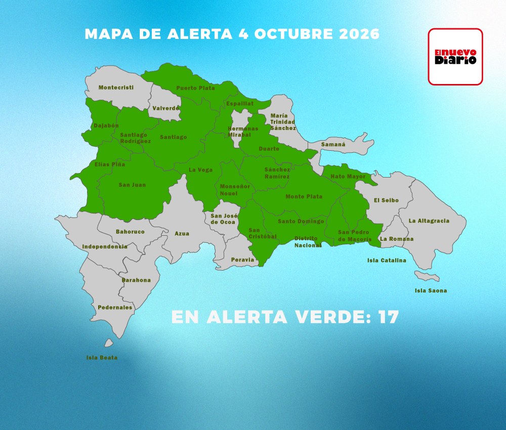 COE mantiene 16 provincias y el Distrito Nacional en alerta verde por vaguada